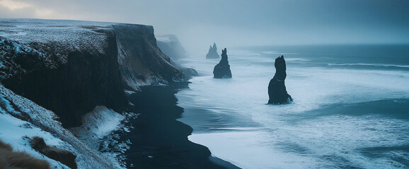 Snowy coastal cliffs with towering rock formations along the ocean, waves crashing against the shore, captured in soft light, representing the rugged and wild beauty of nature.