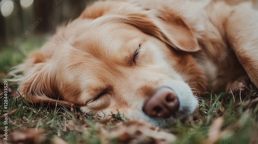 Poster Content golden retriever dog peacefully sleeping on the grass with soft light filtering through trees : Generative AI