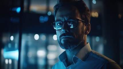 Fototapeta premium Professional Male Analyst in Modern Office Analyzing Cryptocurrency Markets on Screens