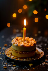 A cake with a lit candle on top of it