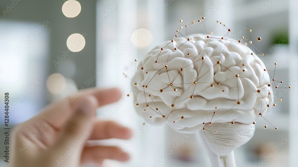 Poster creative depiction of a human brain model with neural connections illustrating modern neuroscience a