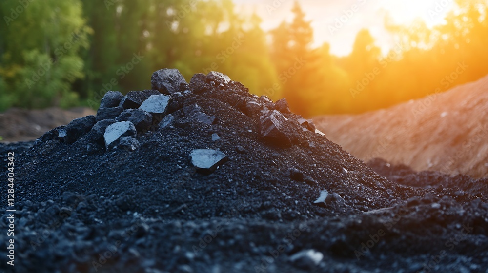 Aufkleber Piles of dark coal against a glowing sunset backdrop amidst a forest setting : Generative AI