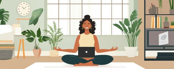 Smiling woman relaxing with laptop in cozy home with plants and modern decor