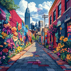 Vibrant blooms adorning philadelphia's urban alleyway in digital art