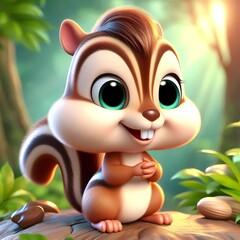 Fototapeta premium Cute cartoon chipmunk with large eyes, smiling in a vibrant forest setting.