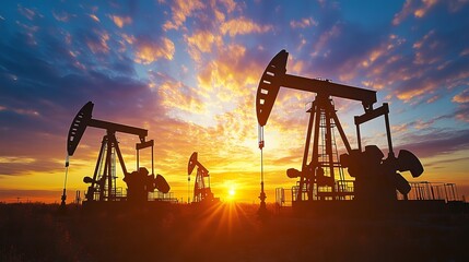 Silhouetted oil pumps working at sunset, illustrating the energy industry.