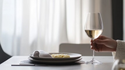 Moderate drinking while enjoying a quiet meal in a minimalist dining room. Featuring simplicity and elegance