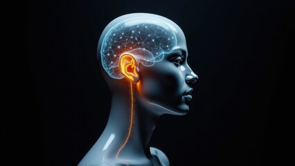 Glowing neural overlay highlights healthcare ai for advanced ear-related diagnostics.