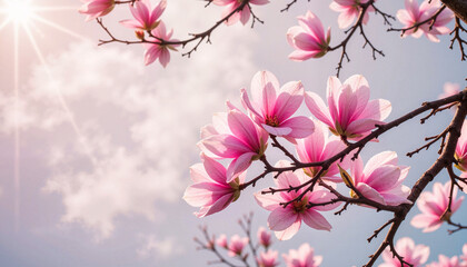 Obraz premium Delicate magnolias blooming on tree branch, springtime beauty