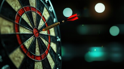 Dart Arrow Hitting Bullseye on Dartboard in Dimly Lit Game Room with Bokeh Background Effects