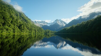 Tranquil Mountain Landscape Reflecting on Still Water with Lush Green Forests and Snow-Capped Peaks