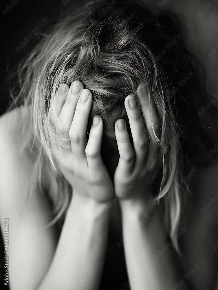 Poster intense black and white portrait of a person with hands on their face expressing deep emotional pain