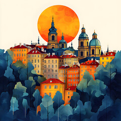 Prague skyline emerging from lush forest under a vibrant sunset: pop art style