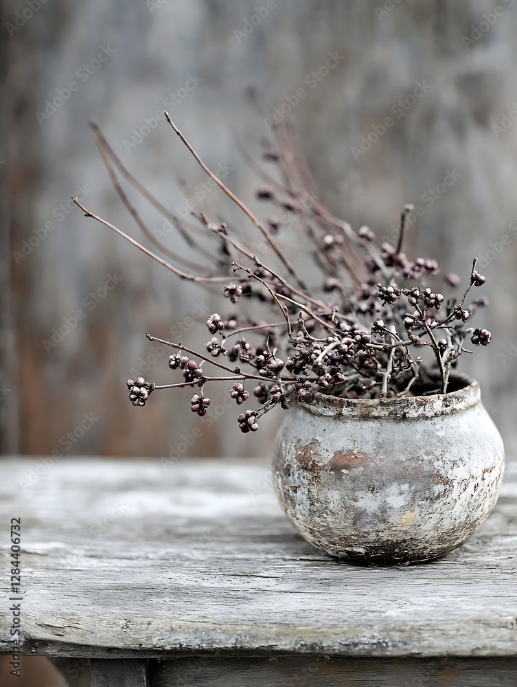 Leinwandbilder elegant rustic clay pot with dried branches displayed on wooden table against a muted grey backdrop 