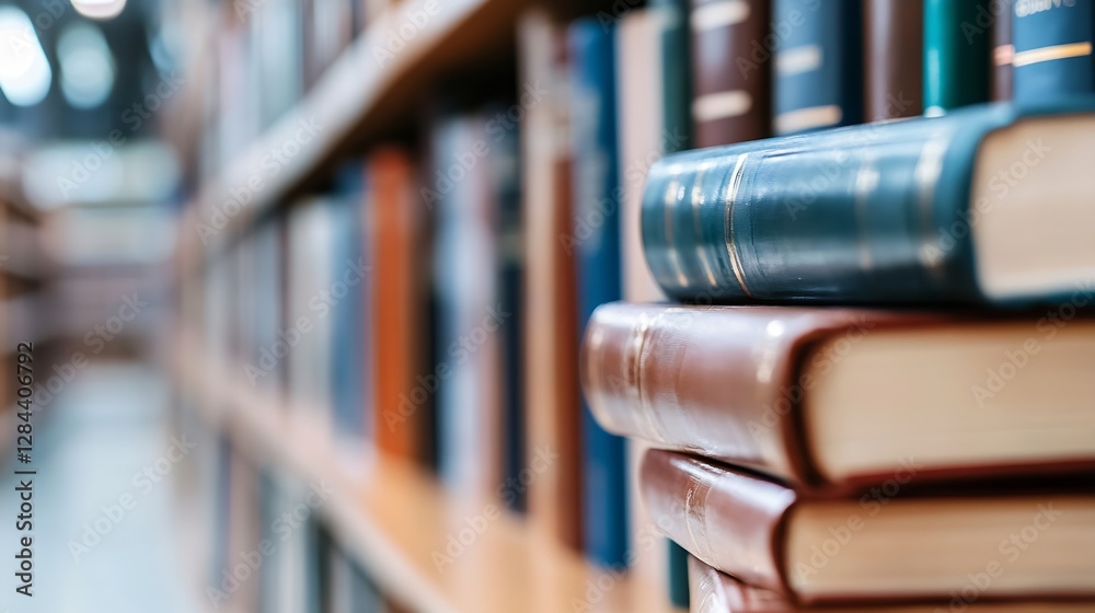 Poster Stack of books on a shelf in a library representing knowledge learning and the joy of reading : Generative AI