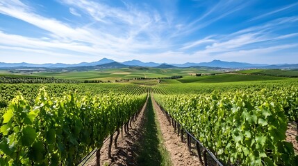 Expansive vineyard landscape showcasing green grapevines under a bright blue sky with rolling hills in the background : Generative AI