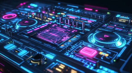 Fototapeta premium Stylized holographic DJ mixer with glowing controls and an interactive futuristic display.
