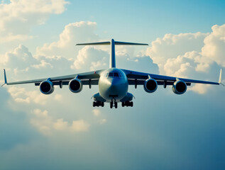 Naklejka premium A large jet plane is flying through the sky