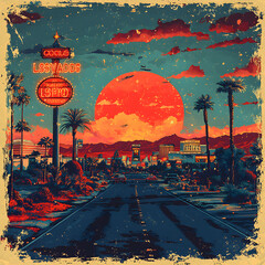 Vintage las vegas travel poster with palm trees and sunset