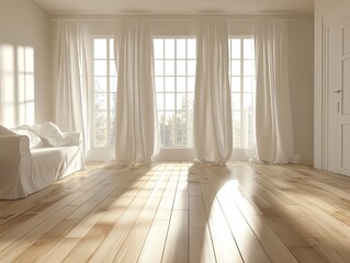 Minimalist Living: White Sofa by French Window in Scandinavian Interior Design