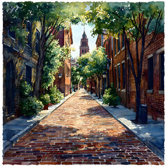 Freedom trail in boston showing a brick paved street and lush trees in watercolor painting
