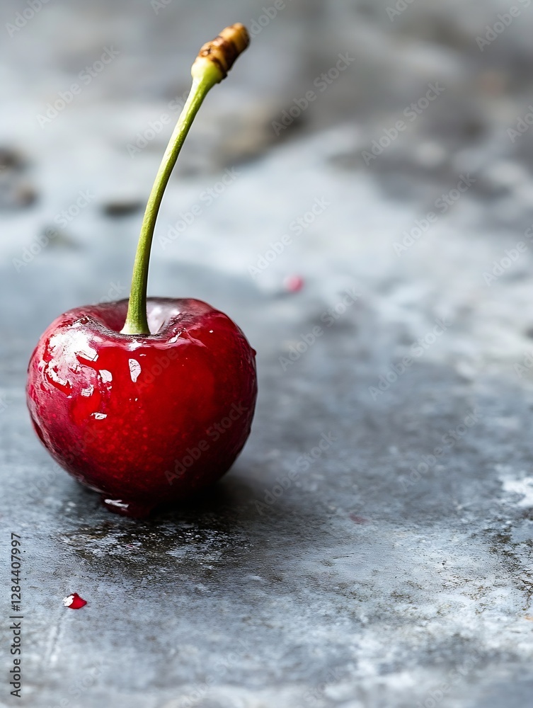 Poster fresh red cherry with a green stem sitting on a rustic surface highlighting its glossy texture : gen