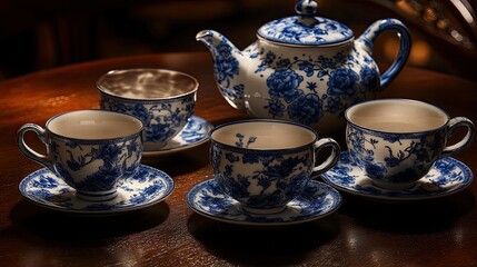 Fototapeta premium A wooden table set with elegant floral tea cups and a pot, surrounded by greenery