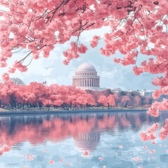 Cherry blossoms blooming around jefferson memorial reflecting in tidal basin, washington dc