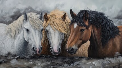 Fototapeta premium Three horses with varied manes in a misty landscape