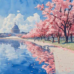 Cherry blossoms reflecting in the water near the us capitol building, washington dc