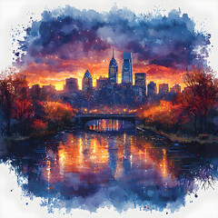 Watercolor painting of philadelphia skyline at sunset reflecting on schuylkill river