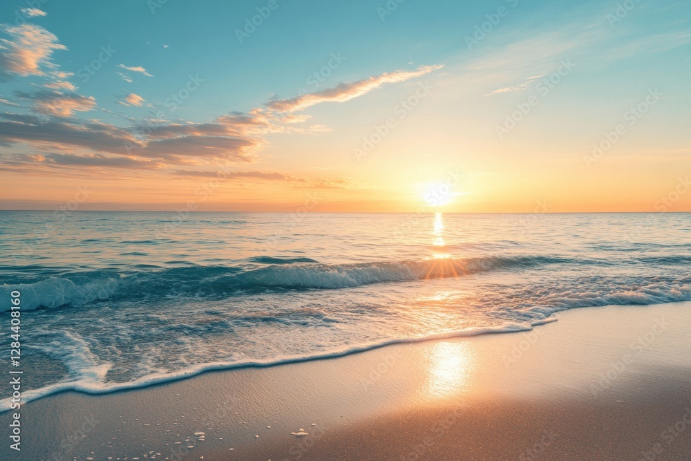 Poster sunset over calm ocean waves with golden light reflecting on sandy shore in a serene coastal landsca