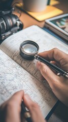 Hands examining map in notebook