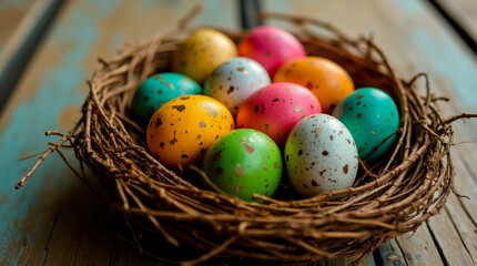 A nest of eggs with different colors, including pink, yellow, and green