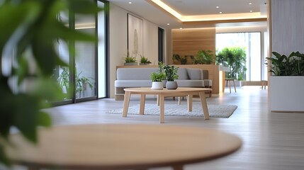 Fototapeta premium Modern interior design of a bright lobby featuring stylish furniture and green plants : Generative AI