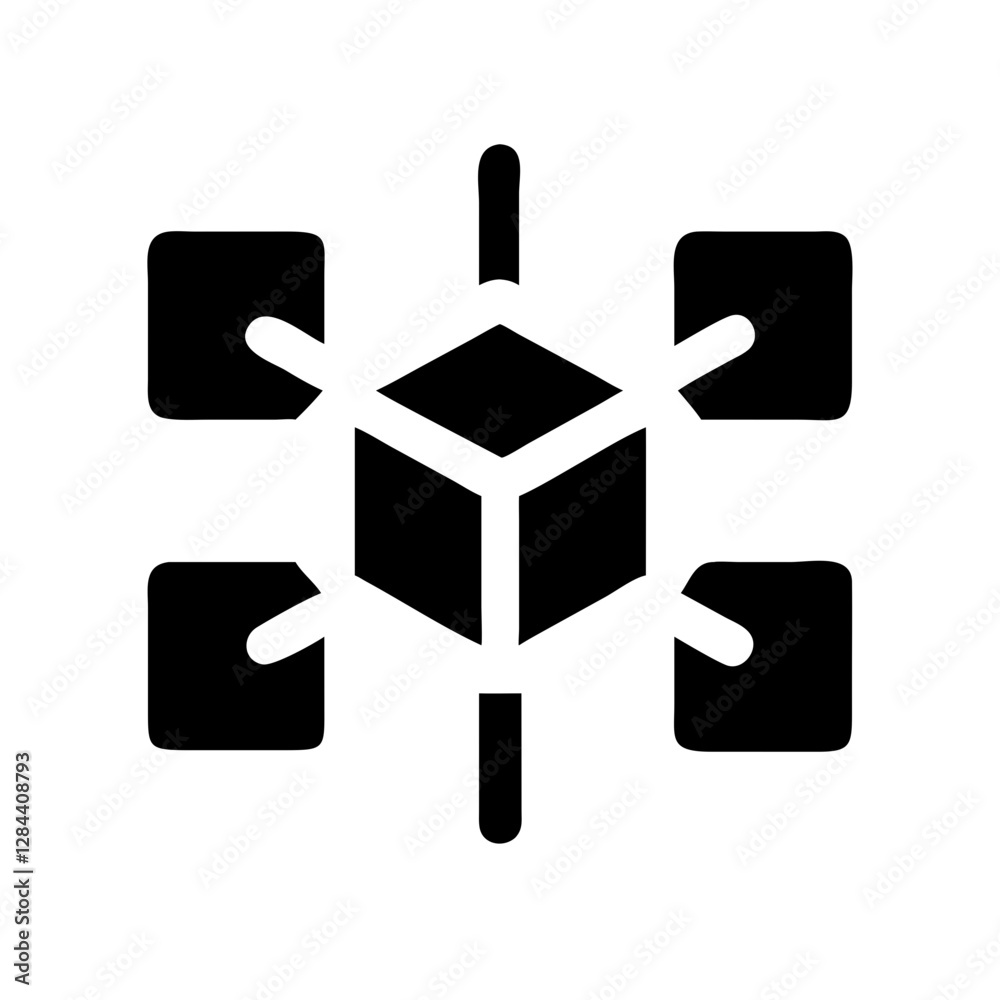 Poster black blockchain symbol with interconnected nodes and cube, representing digital technology and inno