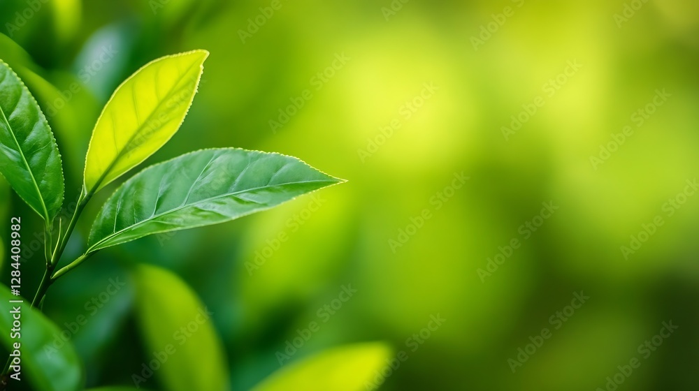 Poster fresh green tea leaves glowing in the sunlight creating a serene natural background : generative ai