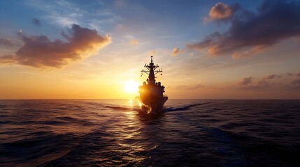 Majestic naval ship navigating through shimmering water at sunset creating a serene atmosphere : Generative AI