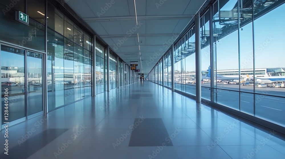 Aufkleber modern airport terminal corridor with large windows offering a bright view of the runway : generativ