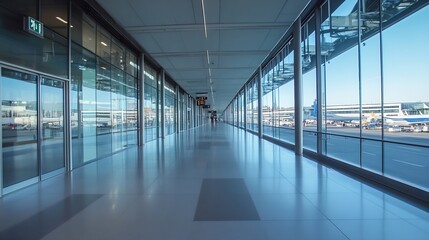 Modern airport terminal corridor with large windows offering a bright view of the runway : Generative AI
