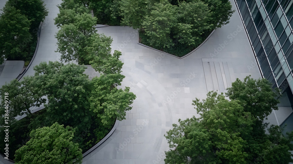 Poster aerial view of curved pathways surrounded by lush greenery in an urban park showcasing nature and de