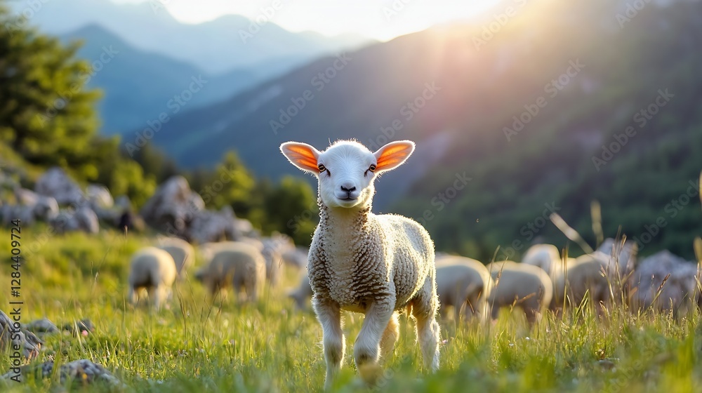 Aufkleber cute lamb standing in a green meadow with sunlight highlighting its fluffy wool : generative ai