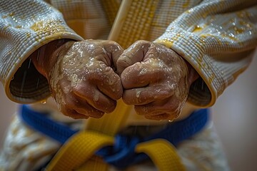 Close-up of a sweaty athlete's hands gripping the gi during a Brazilian Jiu Jitsu training session.