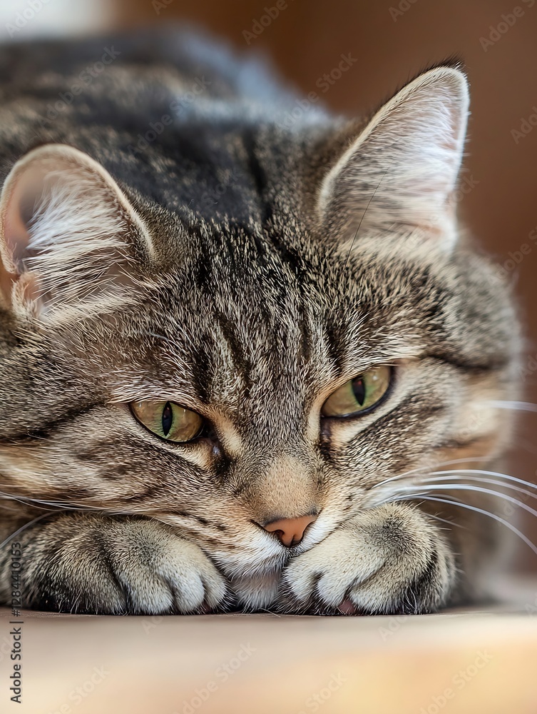 Aufkleber adorable domestic cat resting on cushion with focused eyes and relaxed expression capturing feline c