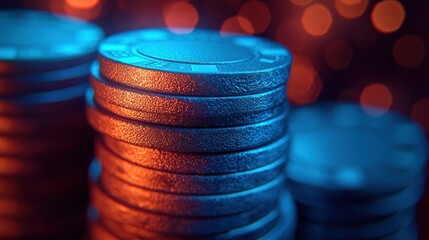 Casino chips stacked high in a dimly lit casino