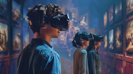Fototapeta premium A group of students exploring historical events through virtual reality in a digital classroom.