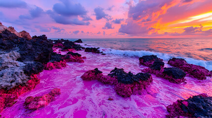 Pink beach sunset, ocean waves, volcanic rocks, tropical paradise, travel poster