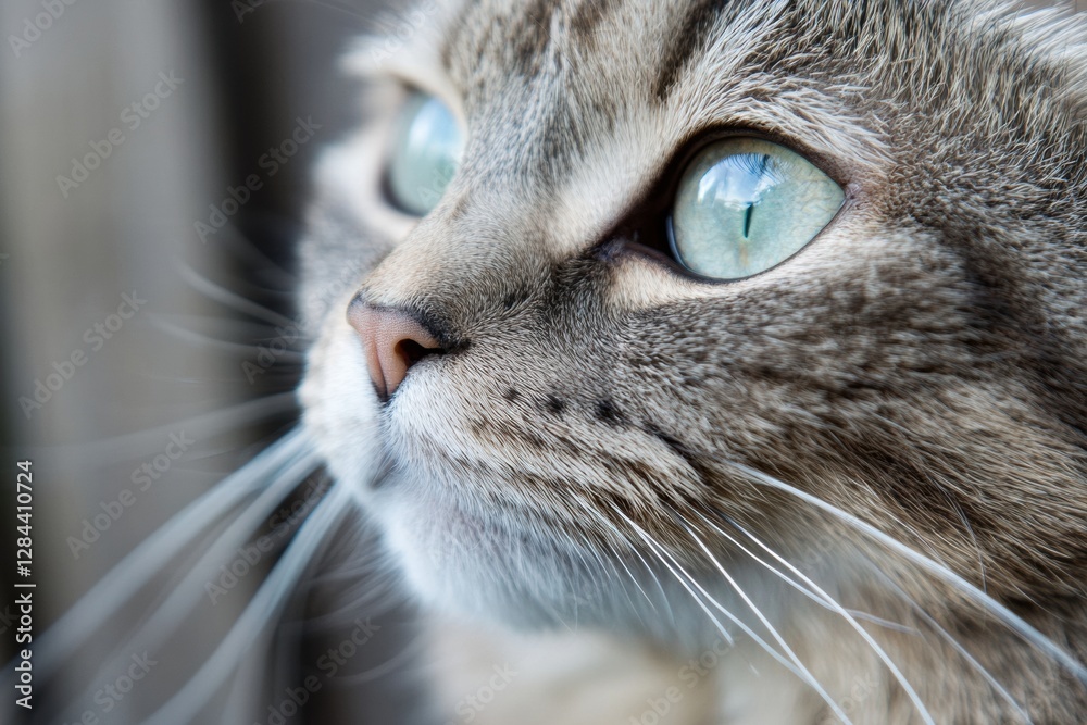 Poster Close up view of a curious cat gazing out a window with bright eyes and detailed fur during daylight. Generative AI
