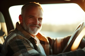 Happy professional truck driver driving his truck