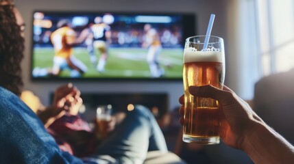 Moderate drinking while watching a sports game at home. Featuring enjoyment and camaraderie